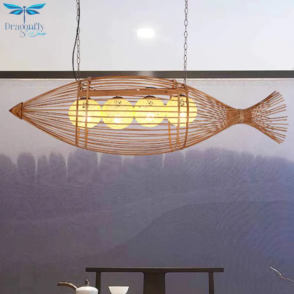 Bamboo Fish Shaped Chandelier Lighting Asian Style 39’/57’ W 3 Bulbs Beige Hanging Light With