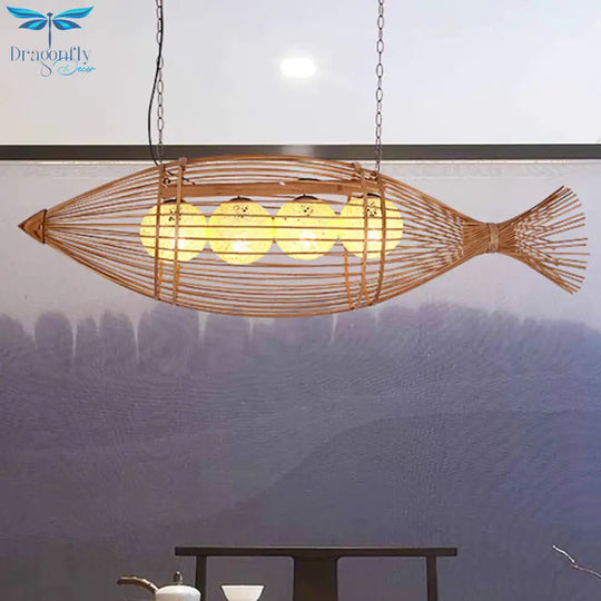 Bamboo Fish Shaped Chandelier Lighting Asian Style 39’/57’ W 3 Bulbs Beige Hanging Light With