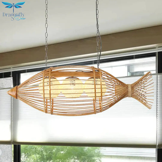 Bamboo Fish Shaped Chandelier Lighting Asian Style 39’/57’ W 3 Bulbs Beige Hanging Light With