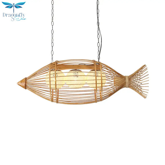 Bamboo Fish Shaped Chandelier Lighting Asian Style 39’/57’ W 3 Bulbs Beige Hanging Light With