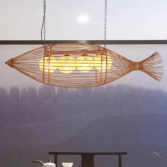 Bamboo Fish Shaped Chandelier Lighting Asian Style 39’/57’ W 3 Bulbs Beige Hanging Light With