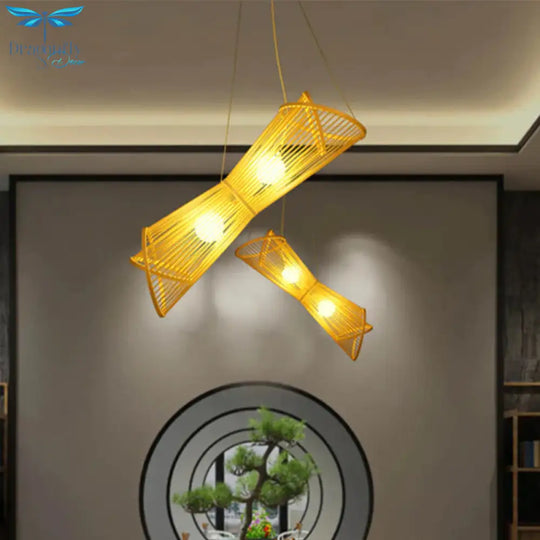 Bamboo Laser Cut Pendant Chandelier Asian Style 2 Heads Beige Suspension Lamp For Restaurant