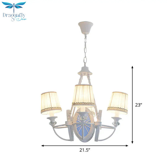 Barrel Chandelier Lamp Children Pleated Fabric 4 Heads White Suspension Light With Wheel Design