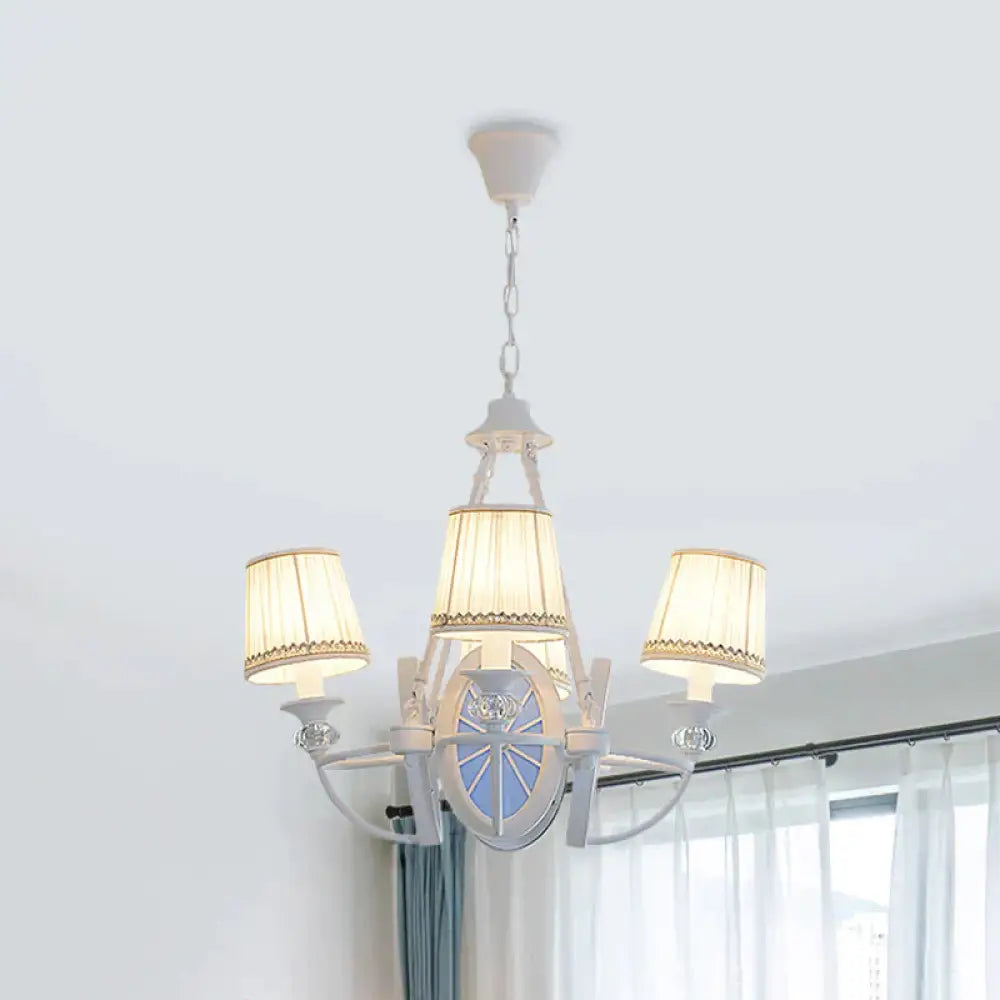 Barrel Chandelier Lamp Children Pleated Fabric 4 Heads White Suspension Light With Wheel Design