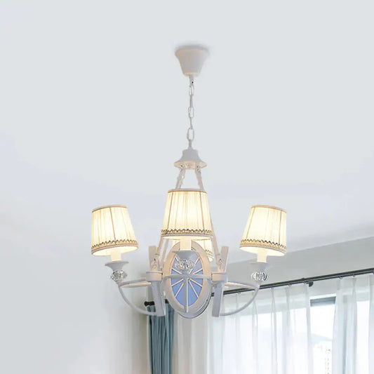 Barrel Chandelier Lamp Children Pleated Fabric 4 Heads White Suspension Light With Wheel Design