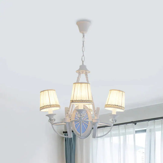 Barrel Chandelier Lamp Children Pleated Fabric 4 Heads White Suspension Light With Wheel Design