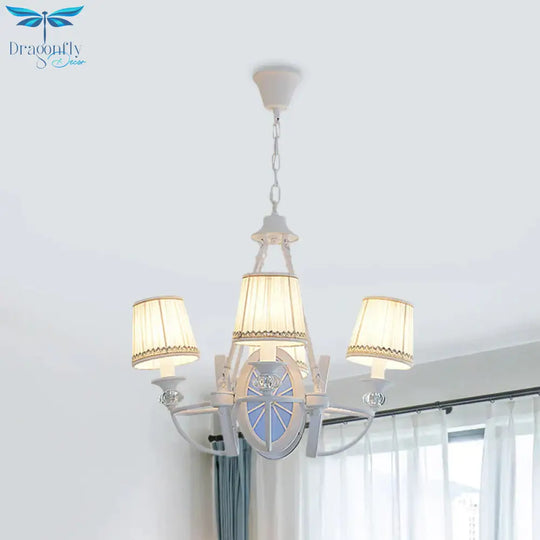 Barrel Chandelier Lamp Children Pleated Fabric 4 Heads White Suspension Light With Wheel Design Blue