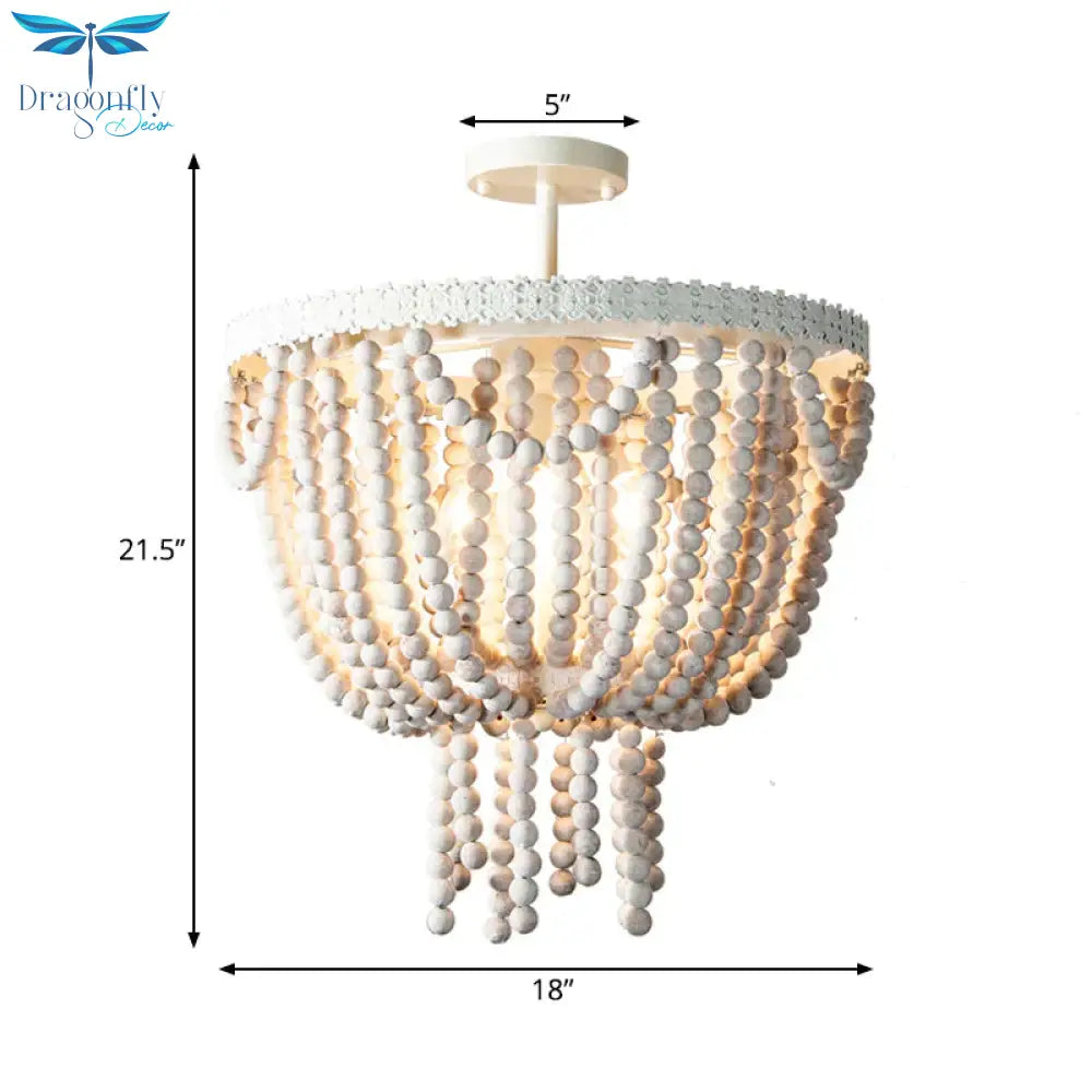 Beaded Bowl Shape Ceiling Pendant French Country 4 Lights Living Room White Wood Chandelier Lamp