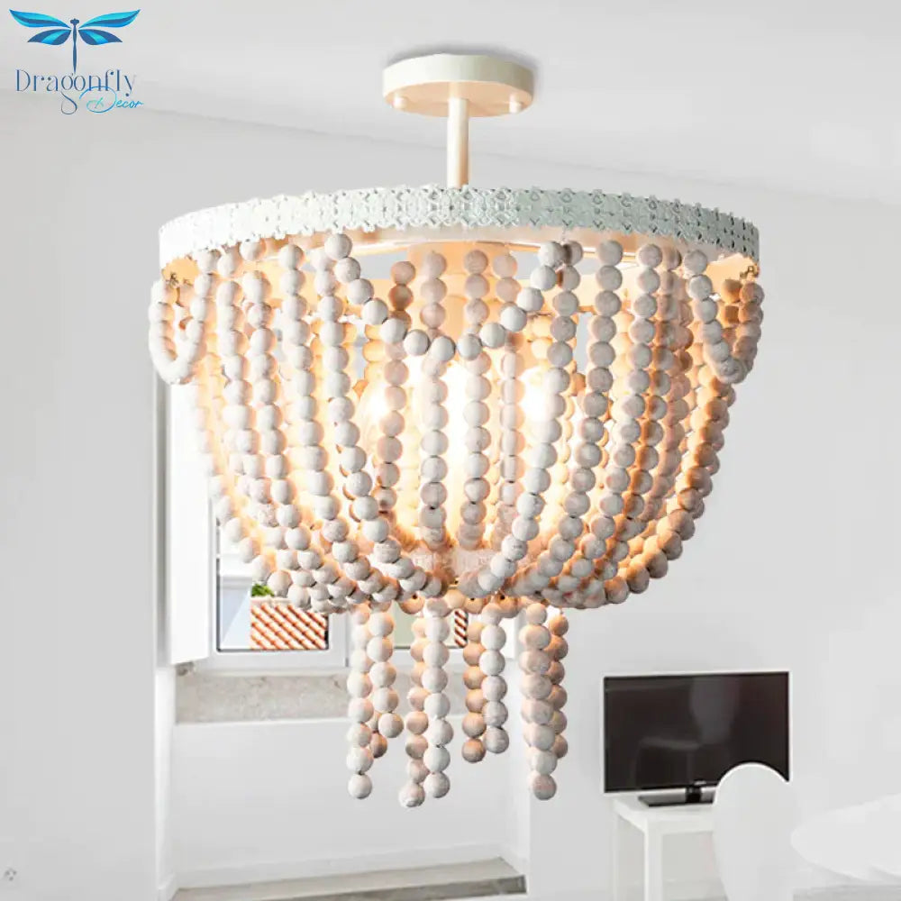 Beaded Bowl Shape Ceiling Pendant French Country 4 Lights Living Room White Wood Chandelier Lamp