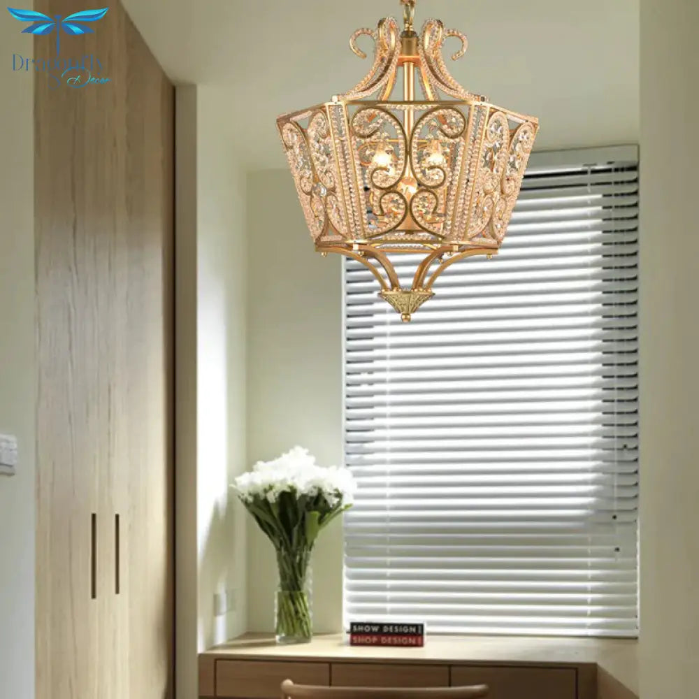Beaded Chandelier Lamp Traditional K9 Crystal 4 Bulbs Living Room Hanging Light Fixture In