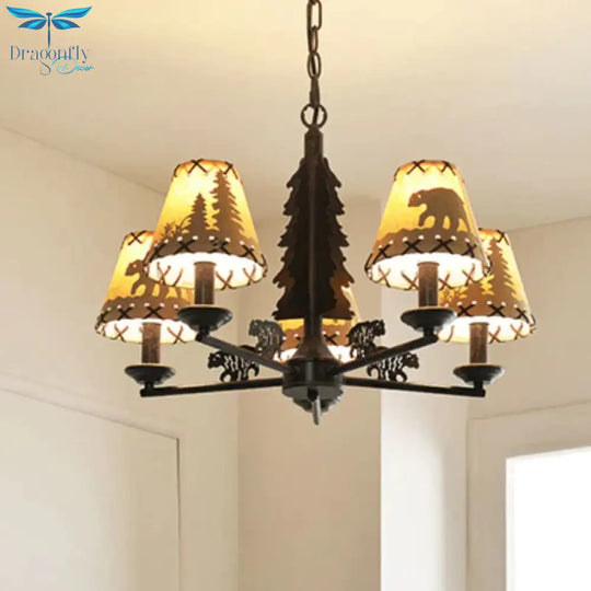 Bear And Forest Print Fabric Chandelier Nordic 5 Heads Black Pendant Ceiling Light With Cone Shade