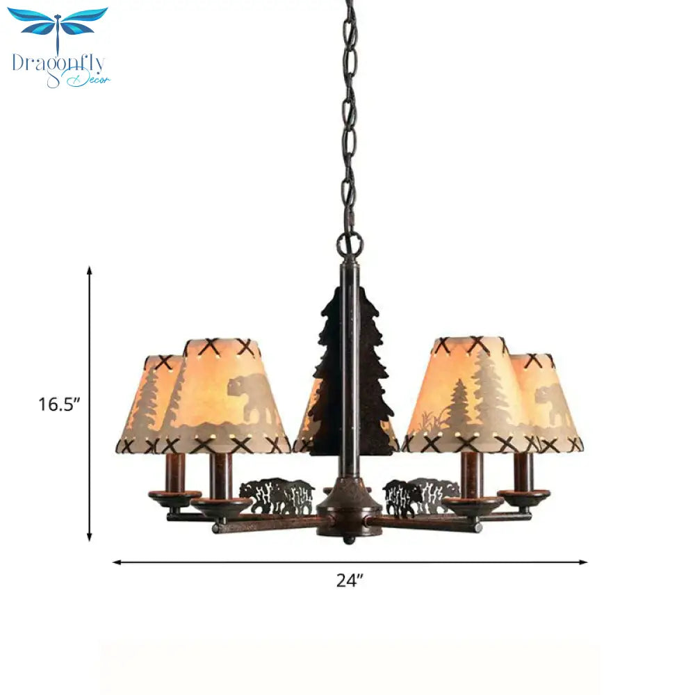 Bear And Forest Print Fabric Chandelier Nordic 5 Heads Black Pendant Ceiling Light With Cone Shade