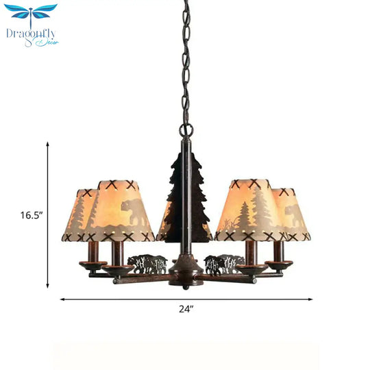 Bear And Forest Print Fabric Chandelier Nordic 5 Heads Black Pendant Ceiling Light With Cone Shade