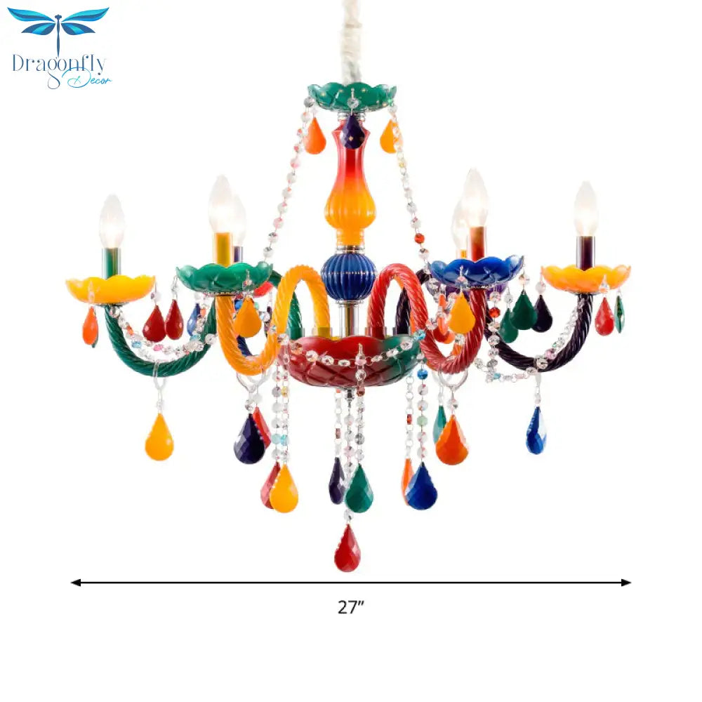 Beautiful Multi - Color Chandelier Candle 6 Lights Glass Pendant Light For Kindergarten Living Room