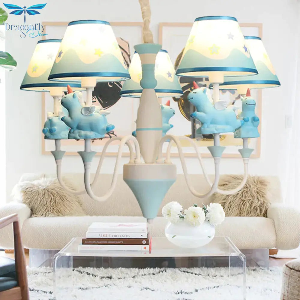 Bedroom Tapered Shade Hanging Lights Metal 5 Cartoon Unicorn Chandelier In Blue/Gold/Pink