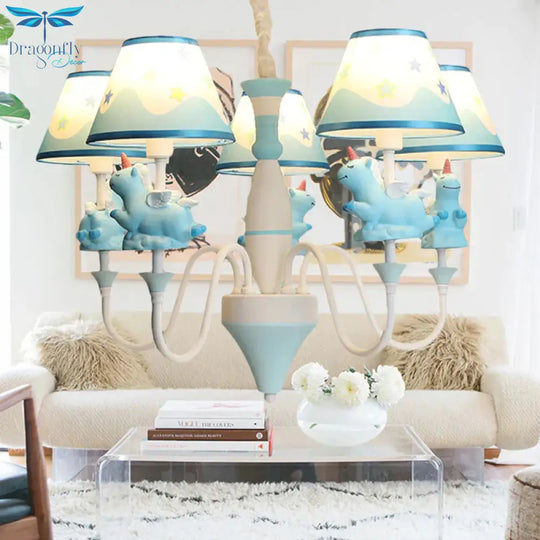 Bedroom Tapered Shade Hanging Lights Metal 5 Cartoon Unicorn Chandelier In Blue/Gold/Pink