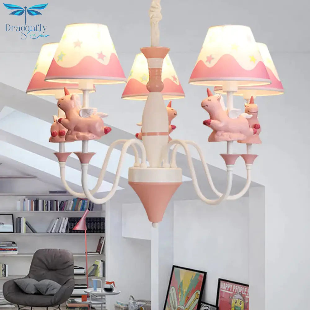 Bedroom Tapered Shade Hanging Lights Metal 5 Cartoon Unicorn Chandelier In Blue/Gold/Pink