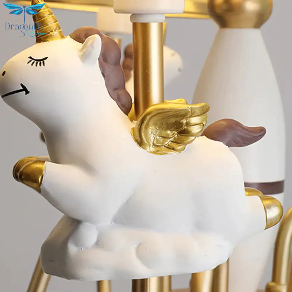 Bedroom Tapered Shade Hanging Lights Metal 5 Cartoon Unicorn Chandelier In Blue/Gold/Pink