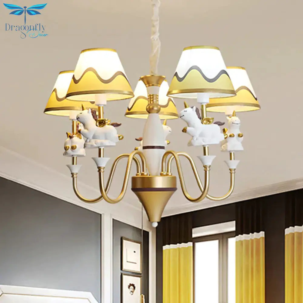 Bedroom Tapered Shade Hanging Lights Metal 5 Cartoon Unicorn Chandelier In Blue/Gold/Pink