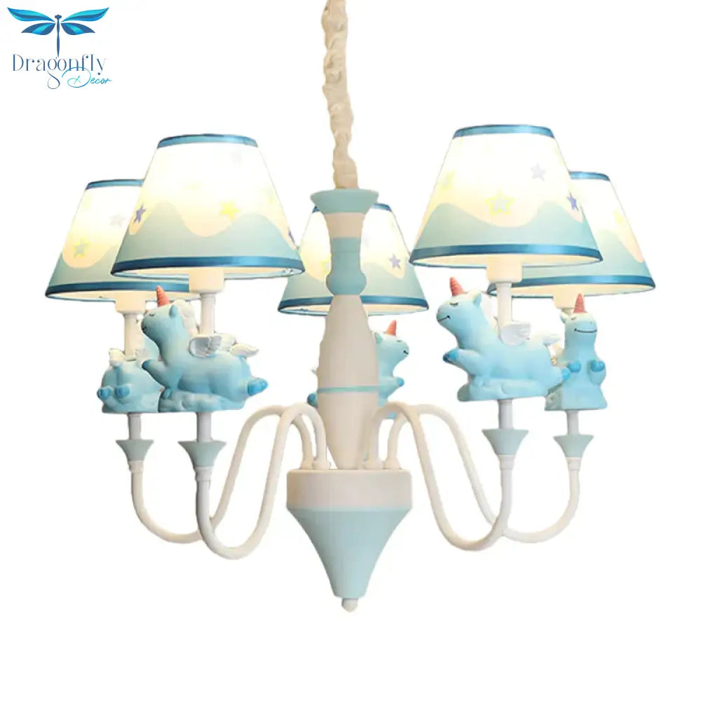 Bedroom Tapered Shade Hanging Lights Metal 5 Cartoon Unicorn Chandelier In Blue/Gold/Pink