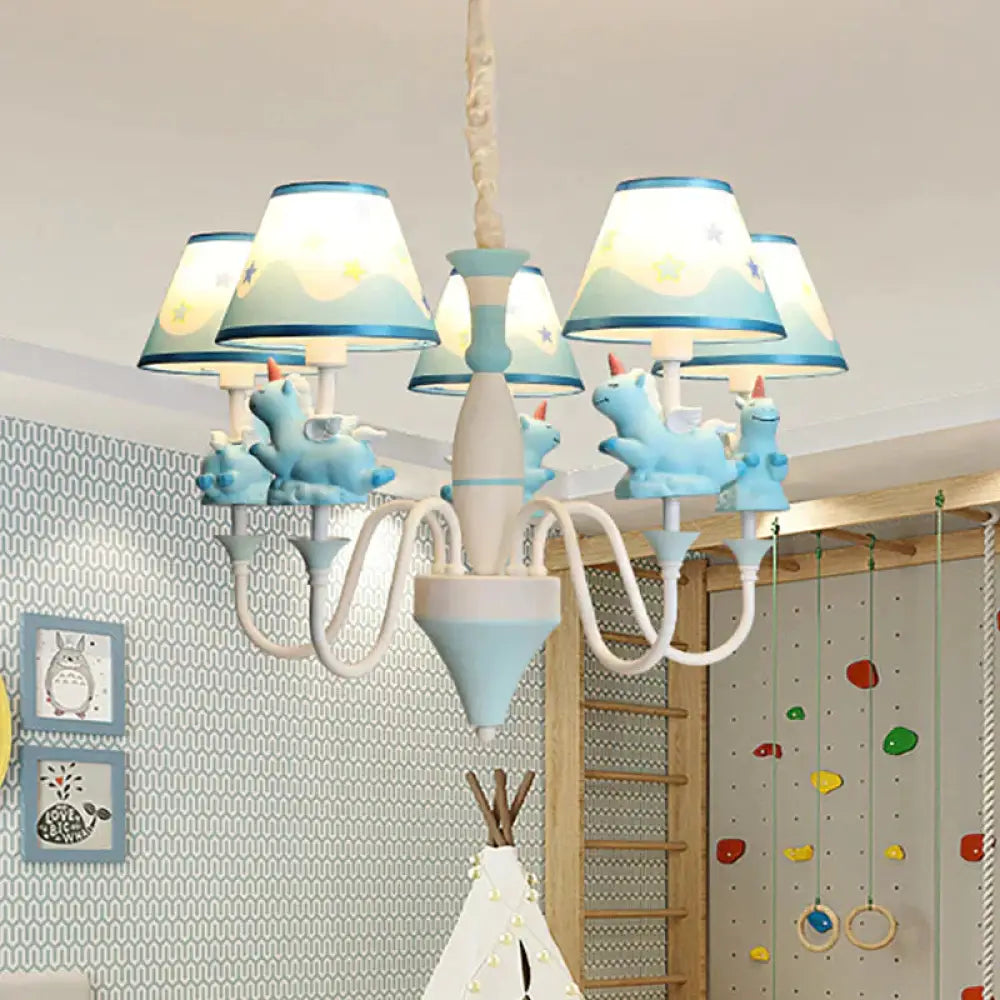 Bedroom Tapered Shade Hanging Lights Metal 5 Cartoon Unicorn Chandelier In Blue/Gold/Pink Blue