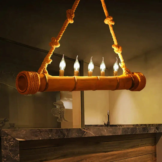 Beige Bamboo Shape Hanging Light With Candle 5 Lights Rustic Wood Chandelier For Cottage