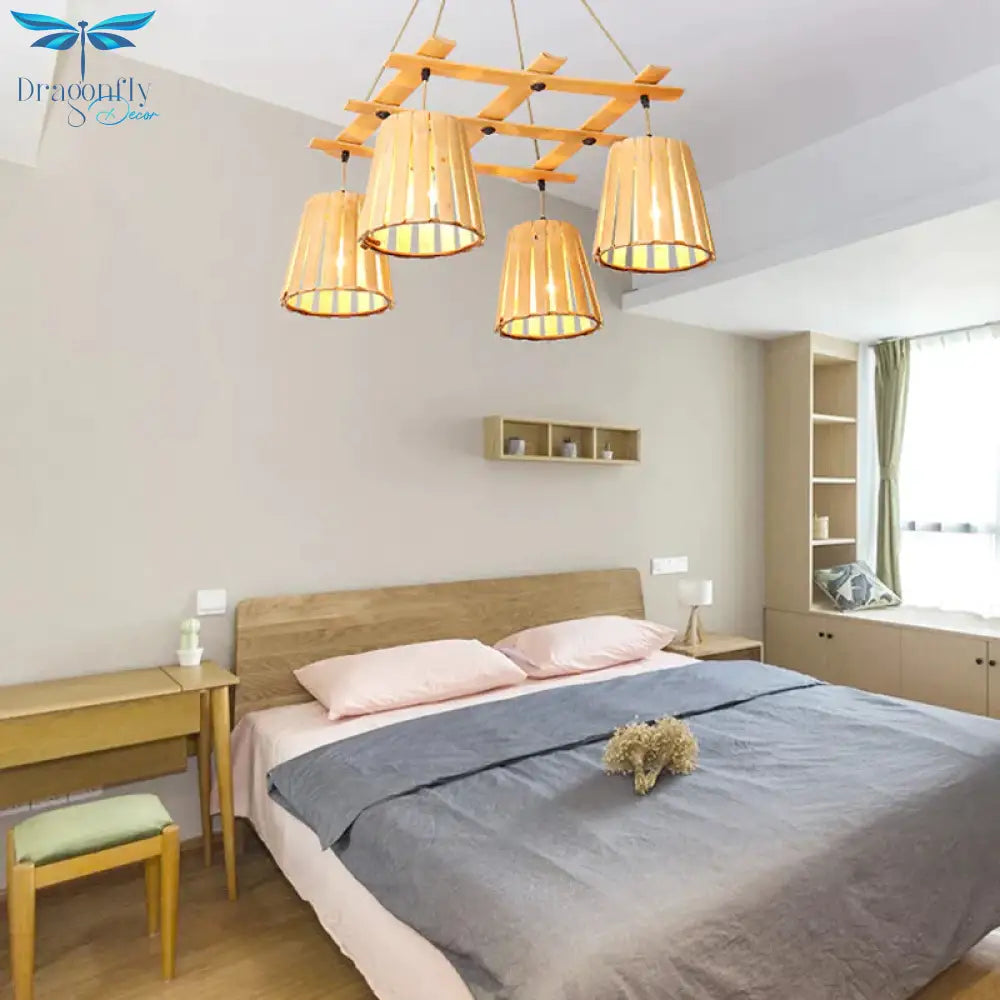 Beige Barrel Pendant Chandelier Modern 4 Lights Wood Hanging Ceiling Light For Bedroom