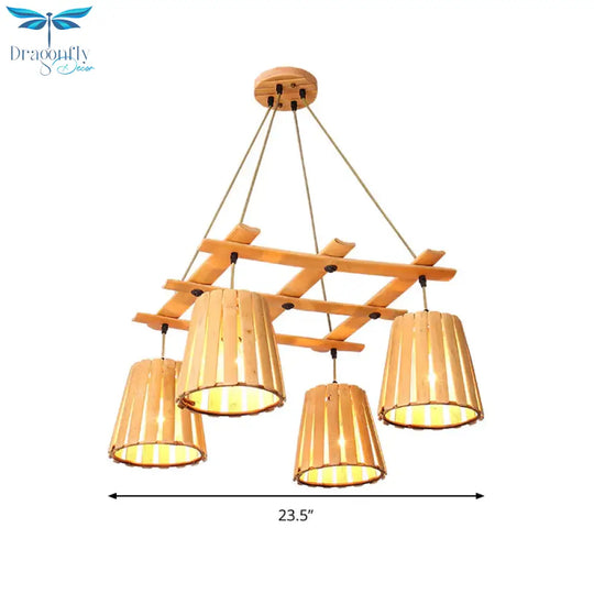 Beige Barrel Pendant Chandelier Modern 4 Lights Wood Hanging Ceiling Light For Bedroom