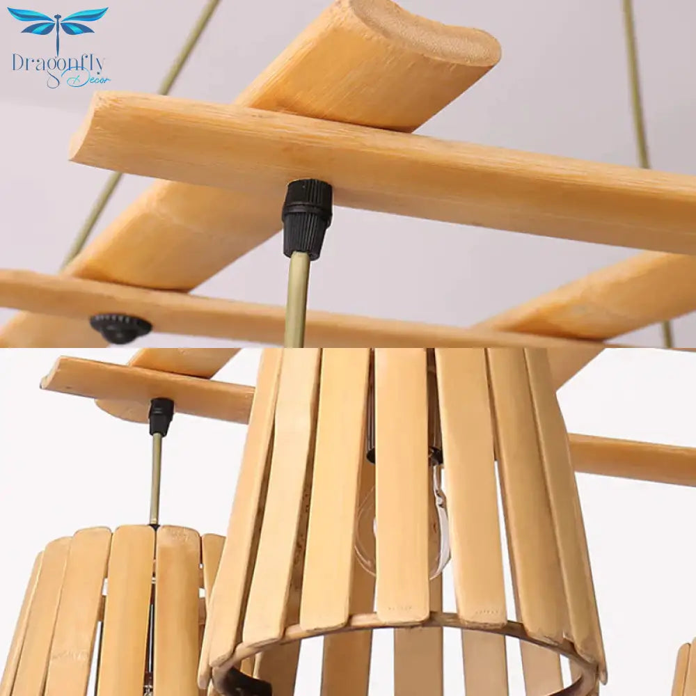Beige Barrel Pendant Chandelier Modern 4 Lights Wood Hanging Ceiling Light For Bedroom