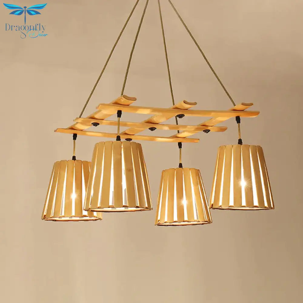 Beige Barrel Pendant Chandelier Modern 4 Lights Wood Hanging Ceiling Light For Bedroom