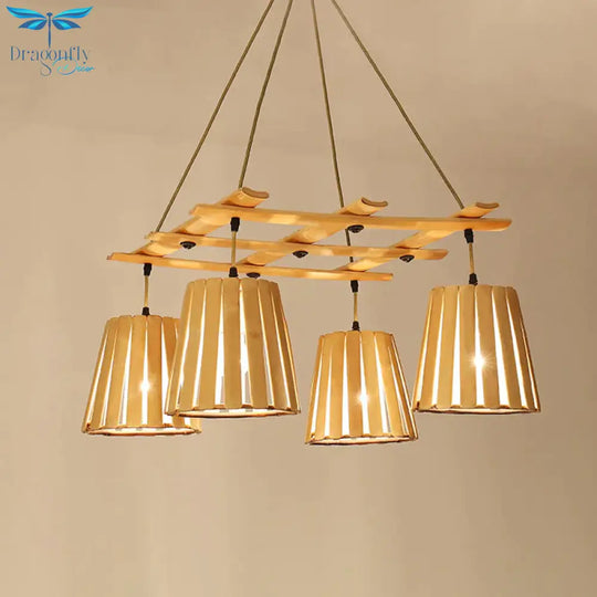 Beige Barrel Pendant Chandelier Modern 4 Lights Wood Hanging Ceiling Light For Bedroom