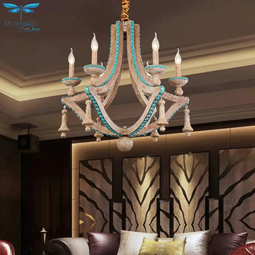 Beige Candle Ceiling Chandelier Traditional Wood 6 Heads Hanging Light Fixture With Green Pine Stone