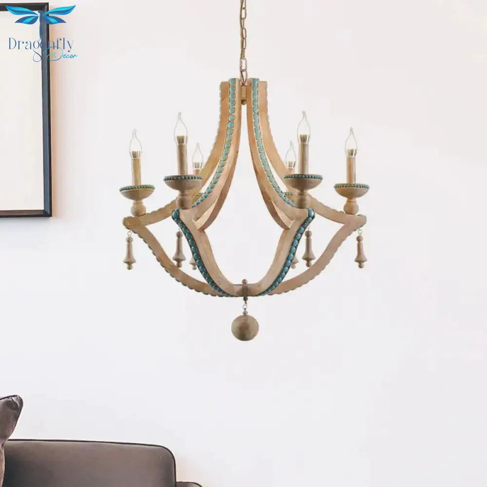 Beige Candle Ceiling Chandelier Traditional Wood 6 Heads Hanging Light Fixture With Green Pine Stone