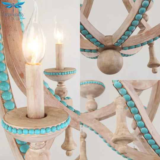 Beige Candle Ceiling Chandelier Traditional Wood 6 Heads Hanging Light Fixture With Green Pine Stone