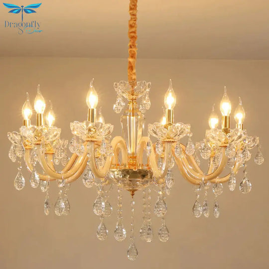 Beige Candle Style Hanging Ceiling Light Modern Crystal Drop 6/10 Heads Living Room Chandelier