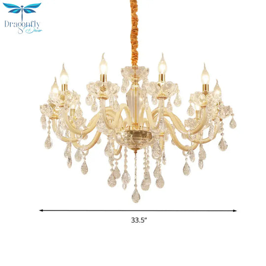 Beige Candle Style Hanging Ceiling Light Modern Crystal Drop 6/10 Heads Living Room Chandelier