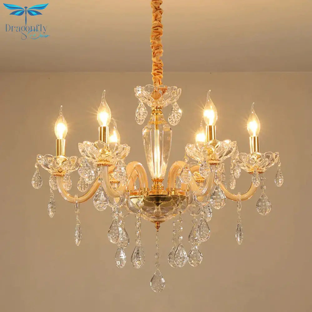 Beige Candle Style Hanging Ceiling Light Modern Crystal Drop 6/10 Heads Living Room Chandelier