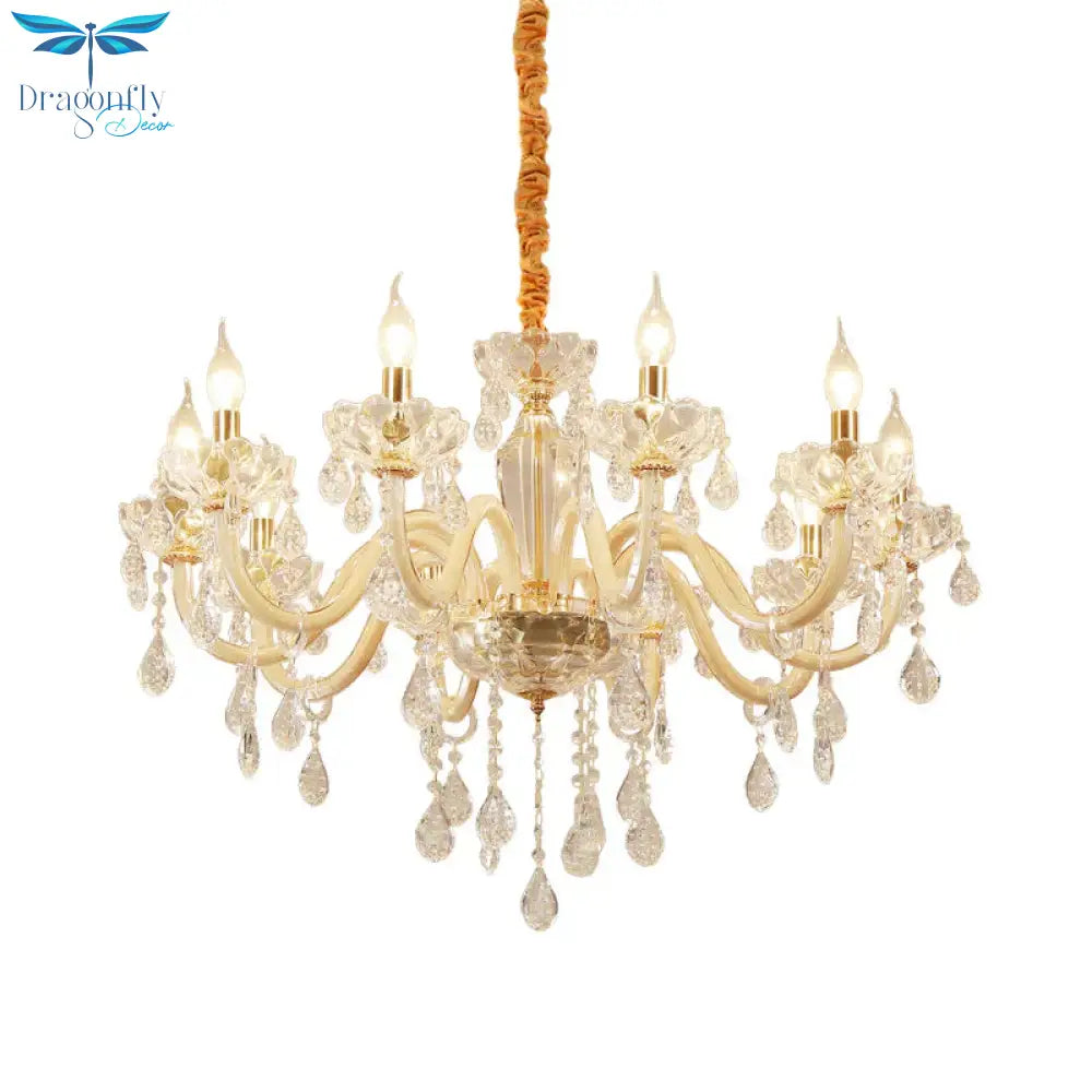 Beige Candle Style Hanging Ceiling Light Modern Crystal Drop 6/10 Heads Living Room Chandelier