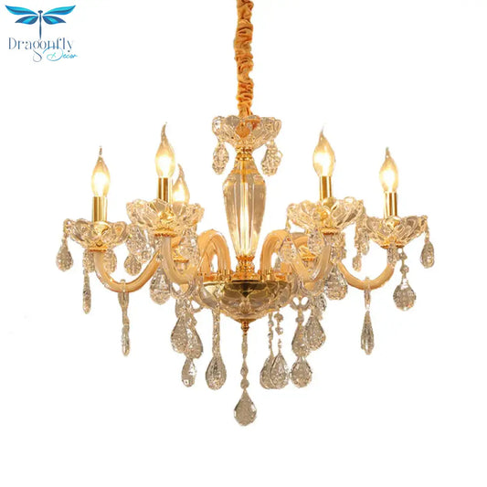 Beige Candle Style Hanging Ceiling Light Modern Crystal Drop 6/10 Heads Living Room Chandelier