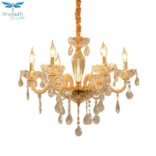Beige Candle Style Hanging Ceiling Light Modern Crystal Drop 6/10 Heads Living Room Chandelier