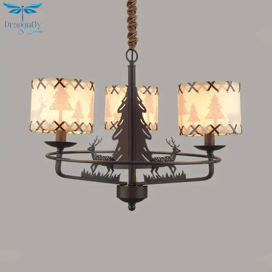 Beige Drum Chandelier Lamp Traditional Fabric 3 Lights Bedroom Hanging Light With Animal Design