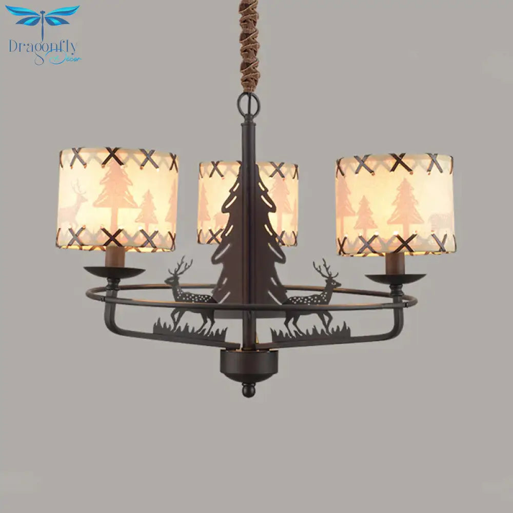 Beige Drum Chandelier Lamp Traditional Fabric 3 Lights Bedroom Hanging Light With Animal Design