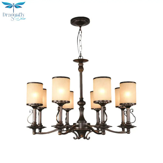 Beige Glass Black Chandelier Lamp Cylindrical 3/6/8 Heads Traditionalism Pendant Ceiling Light For