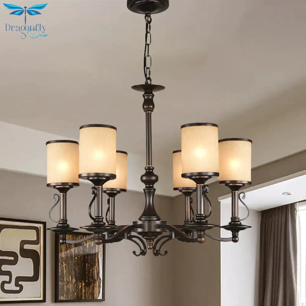 Beige Glass Black Chandelier Lamp Cylindrical 3/6/8 Heads Traditionalism Pendant Ceiling Light For