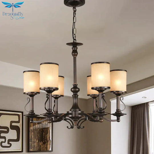 Beige Glass Black Chandelier Lamp Cylindrical 3/6/8 Heads Traditionalism Pendant Ceiling Light For