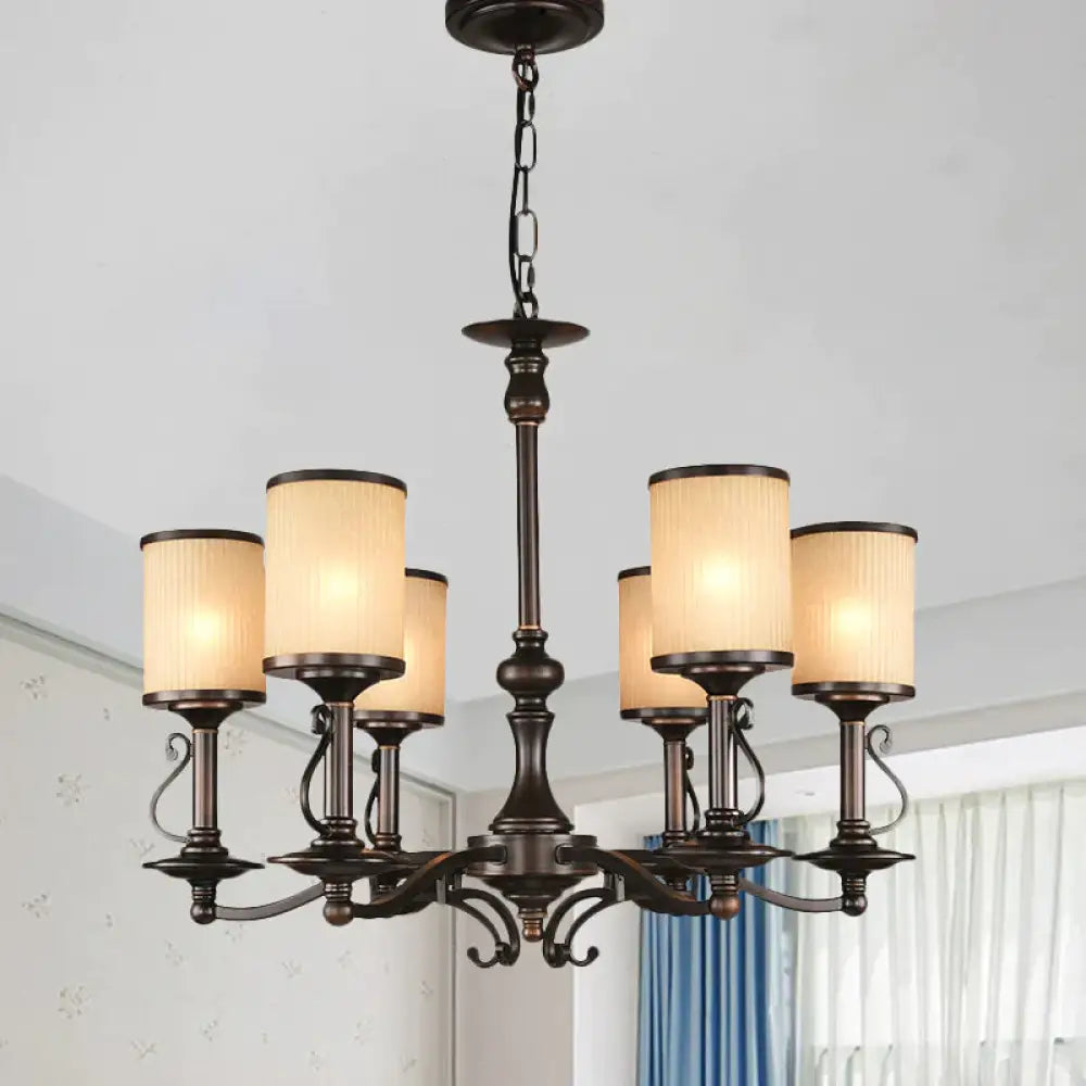 Beige Glass Black Chandelier Lamp Cylindrical 3/6/8 Heads Traditionalism Pendant Ceiling Light For