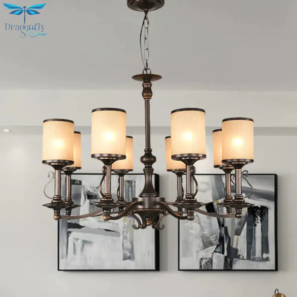 Beige Glass Black Chandelier Lamp Cylindrical 3/6/8 Heads Traditionalism Pendant Ceiling Light For