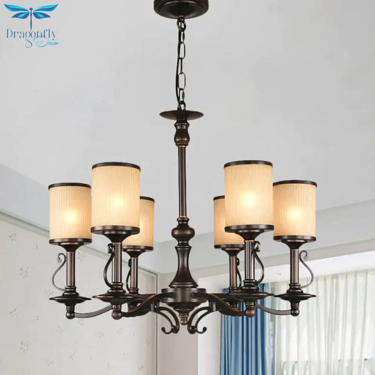 Beige Glass Black Chandelier Lamp Cylindrical 3/6/8 Heads Traditionalism Pendant Ceiling Light For