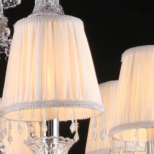 Beige Tapered Chandelier Pendant Light Modernism 8 Heads Crystal Hanging Lamp With Fabric Shade