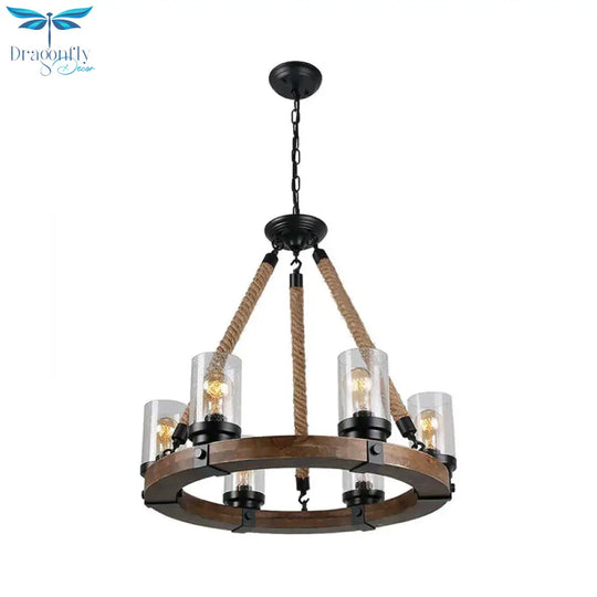 Beige Wheel Pendant Lighting Traditional Wood 1 Light Living Room Chandelier With Cylinder Shade